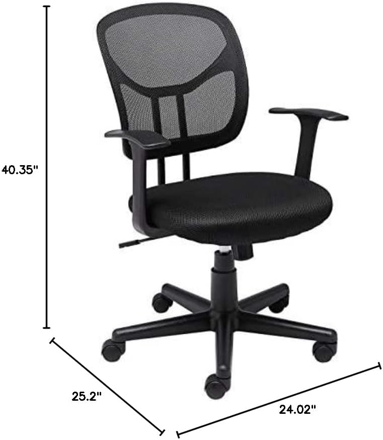 Основи на Амазон Меш, среден грб, прилагодлив, стол за вртење во канцеларија со потпирачи за рака, црна боја