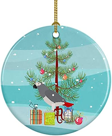 Богатства на Каролина CK4495CO1 Африкански сив папагал Среќен Божиќен керамички украс, украси за новогодишни елки, висечки украс за Божиќ,