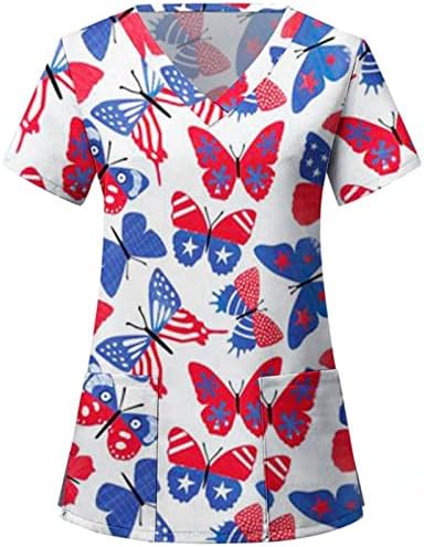 4 јули Маици За Жени Американско Знаме Летни Кошули Со Кратки Ракави Со В-Врат со 2 Џебови Блузи Празнична Секојдневна Работна Облека