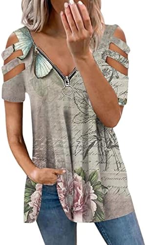 Маица со блуза за женски лето пад од краткиот ракав на рамото 2023 памук длабок v вратот zip up bluze fp fp