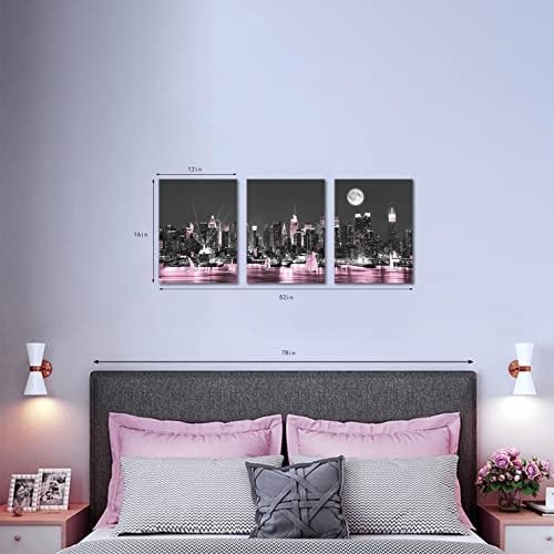 Сикдеор Романтичен црно-розов Newујорк Сити ноќни сцени платно wallидна уметност- модерна градска плоча со едриличари, отпечатоци за сликање