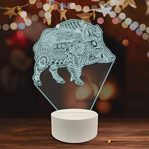 Ambesonne Животните 3D Предводена Маса Светилка, Диви Свиња Свиња Шума Мандала Дизајн На Кожата Уметност, Оптички Илузија Акрилик