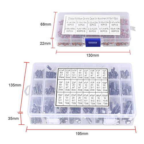 1100pcs 24 вредности керамички кондензатори Електролитички кондензатори Асортиман кутија комплет електролитички кондензатори 0.1UF-1000UF 10