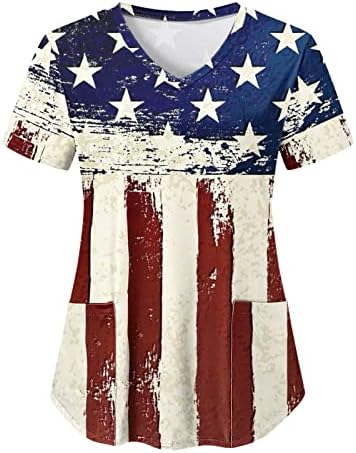 4 јули Блуза Со Американско Знаме За Жени Летна Маица Со Кратки Ракави Против Вратот со 2 Џебови Блузи Празнична Секојдневна Работна Облека