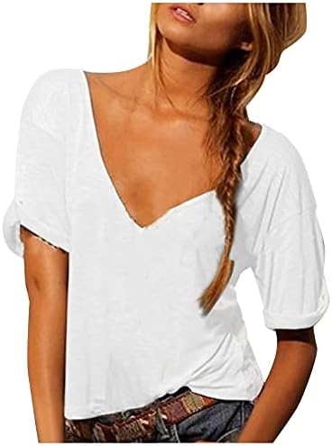 Женска обична цврста боја маица длабока v врат кратки ракави врвови случајни лабави маички кошули лето удобно истегнување блуза врвот