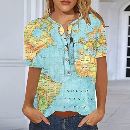 Bluseенски плус големина блузи со кратки ракави со кратки ракави V-вратот, симпатична печатена маичка блуза лабава фит графички