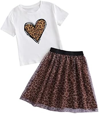 Симпатична Дводелна Облека на девојката милумија Маичка Со Кратки Ракави И Комплет Здолниште Со Леопард Мрежа