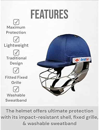 Шлемот на крикет Bratla Pro - морнарица сина со дополнително подлога, чувар на вратот и фиксна решетка за заштита и удобност