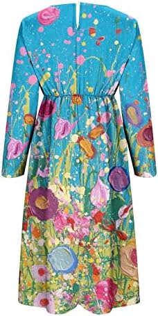 Nokmopo жени формална облека Обичен моден цветен цветен принт со долги ракави V-вратот за замав фустан Макси фустан