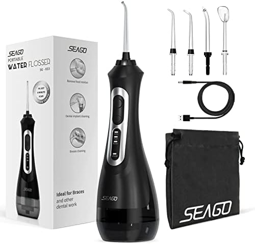 Seago Water Flosser безжичен, преносен стоматолошки орален наводнувач за заби, 5 совети за млаз, IPX7 водоотпорен моќен траење на батеријата
