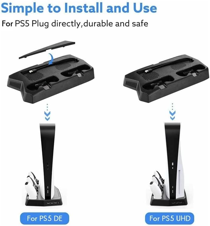 Sdfgh ЗА Ps5 База На Држач За Полнење Со Вентилатор За Ладење и 3 USB Порта Држач За Фиока За Складирање На Полнач Со Двоен Контролер