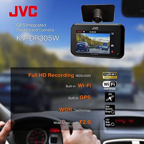 JVC KV-DR305W 1920x1080p Full HD Рекордер GPS Dash Cam За Автомобил, 2.7 Lcd Екран Контролна Табла Камера, Вграден Wi-Fi, 3-Оска G-Force Сензор,