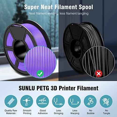 Филамент за печатач на печатач PETG, Sunlu Super Neat Filament Spool, силен филамент PETG 1,75 mm Димензионална точност +/- 0,02mm, 1 кг лажица,