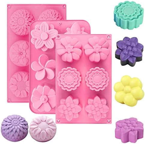 Ротирајте ја бојата 3 пакувања со цветни силиконски калапи за сапун, 6 шуплини различни калапи за сапун, сапунски калапи за правење сапун,