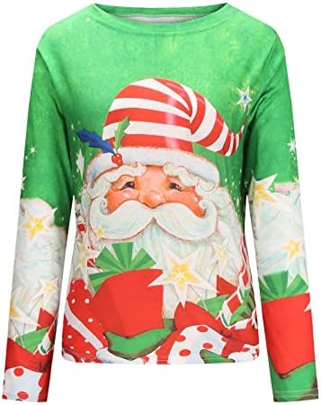 Womenените Божиќни кошули мода симпатична санта печатена кошула кошули екипаж на вратот на вратот Божиќ, обични лабави блузи врвови