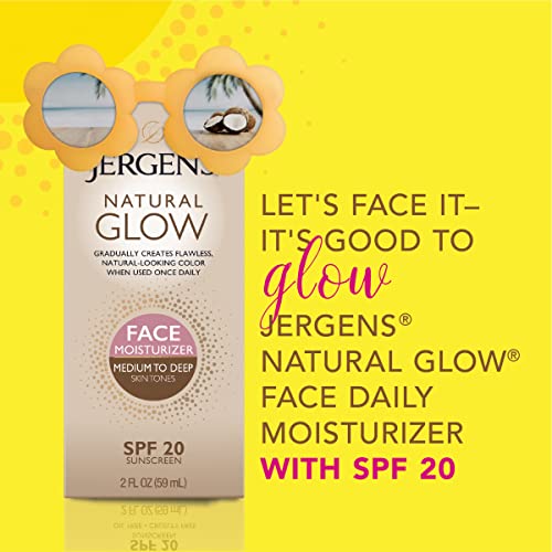 Jergens Natural Glow Face Lece Self Tanner Losion, SPF 20 без сончање, совлажнувач со среден до длабок тон на кожата, дневно сончање