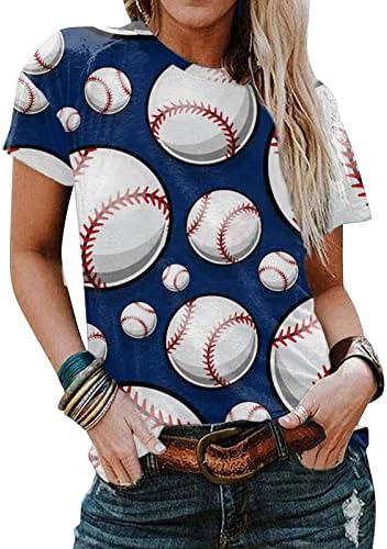 Женски врвови на екипажот на бејзбол топка, смешно тренингот за печатење врвови со кратки ракави маички врвови за жени за жени