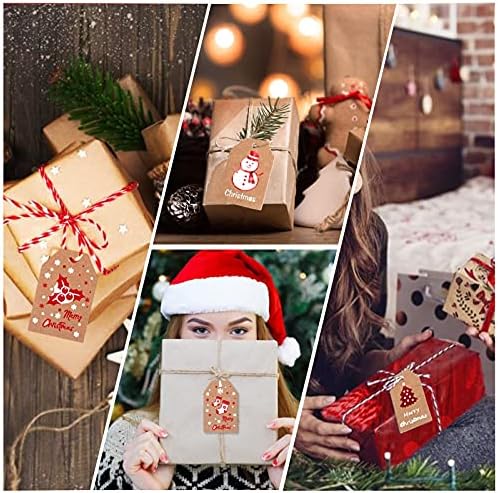 100 пакувања Божиќни ознаки за подароци Крафт, ознаки за хартија од кафеава кафеава, Божиќ, виси етикети со жица од памук и низа од канап
