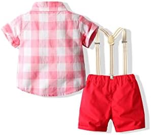 Аболај Мали момчиња лето црвено -бело карирано памучно памук господин, краток ракав, лак за ромпер -суспензии, шорцеви за шорцеви