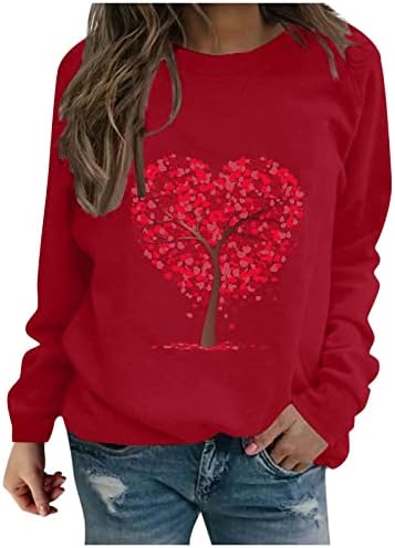 Модна графичка маичка за срцево дрво за жени Денот на в Valentубените, обична маица со долги ракави, тенок лесен екипаж пуловер
