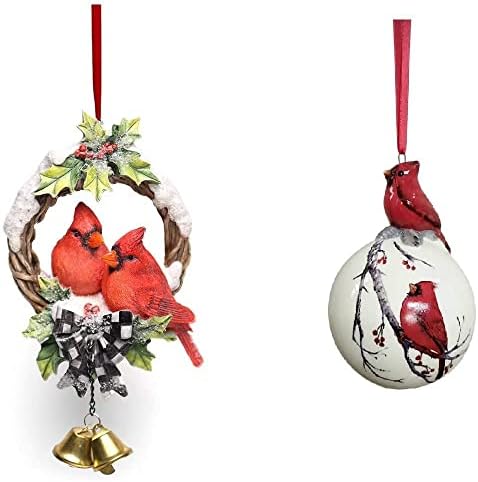 Колекција за зимски одмори за зимски одмор 5-инчен црвен кардинал на топката и кардиналите во венец со украси за новогодишни елки, пакет