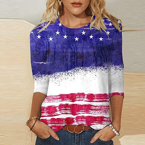Американска кошула со знаме за жени 3/4 ракав Обична графичка маица Starвезда ленти САД, врвови на летни основни маички Туника 2023