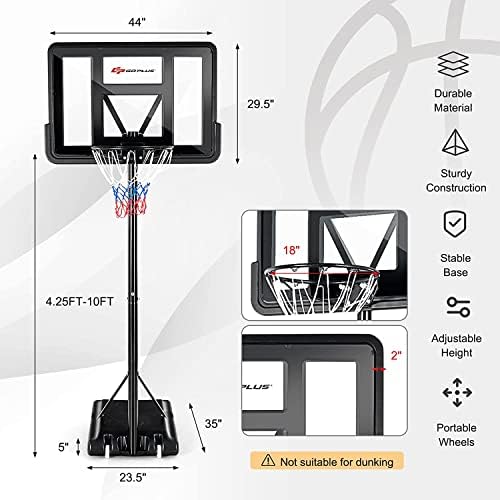 Преносен обрач за кошарка на Аугстер, 4,5'-10 'Систем за прилагодлив кошаркарски штанд со висина w/ нето, 2 тркала и 44 ShatterProfof Backboard,