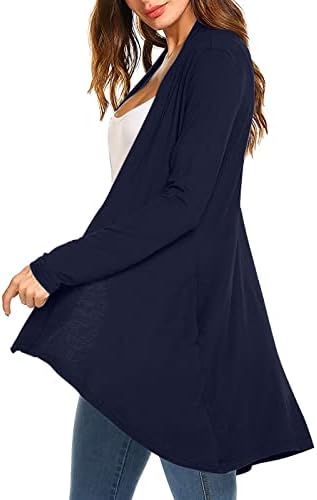 Women'sенски драпиран отворен предниот дел од кардиган, лежерен долг ракав со високи меки лесни кардиган џемпери со џебови со џебови