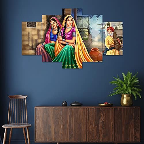 Саумички занаетчиски сет од 5 Раџастани село дама сценографија врамени wallидни слики за домашна декорација, дневна соба, декор