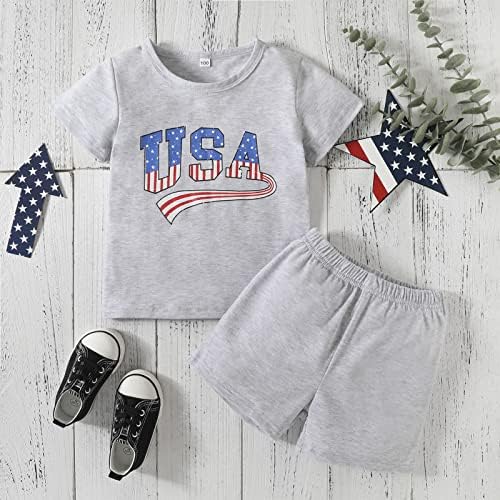 Дете Бебе 4 од Јули Момче Девојка Облека Лето Преголеми Ромпер/Кошули+Шорцеви Американското Знаме Појавување На Сива Облека