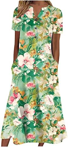 Летен случајн фустан со V-врат за жени со цветни печати моден краток ракав миди фустани цветни џебови на плажа фустан
