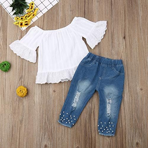 Детско дете бебе девојче пролетно лето облека со кратки ракави кошули чипка маица со џин панталони 2 парчиња облека