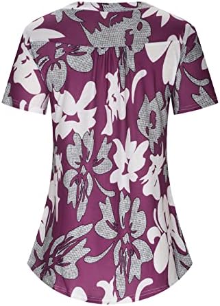 Женски летни v кошули со вратот, цветни печатени кратки ракави маица класично вклопување асиметрични врвови на полите на врвови на блузи,