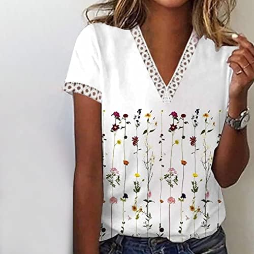 Есен летен блуза тинејџерски девојки кратки ракави чипка памук длабок v врат цветни графички салон блузи кошула за жени QE