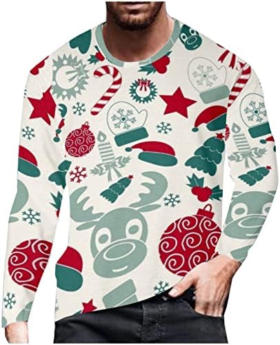Тенок фит кошули за мажи Класично Божиќно печатење тркалезна вратот со долг ракав, пулвер, спортови на врвови за дишење на врвови за дишење