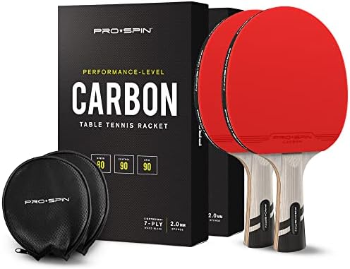 Pro-Spin Carbon Fiber Ping Pong Pong 2 PK & Ping Pong Balls Bundle | Елита серија | 7-полен сечило | 2мм сунѓер | Ергономски зафат