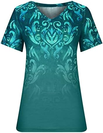 Mrgiinri женски летни врвови 2023 фустани случајни V вратот цветни маици за печатење мода со краток ракав лабава вградена тунична блуза