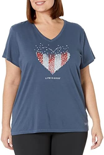 Lifeивотот е добар женски патриотски памук, графички кратки ракави, графички маица со маици и ленти