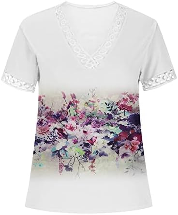 Есен летен блуза тинејџерски девојки кратки ракави чипка памук длабок v врат цветни графички салон блузи кошула за жени QE