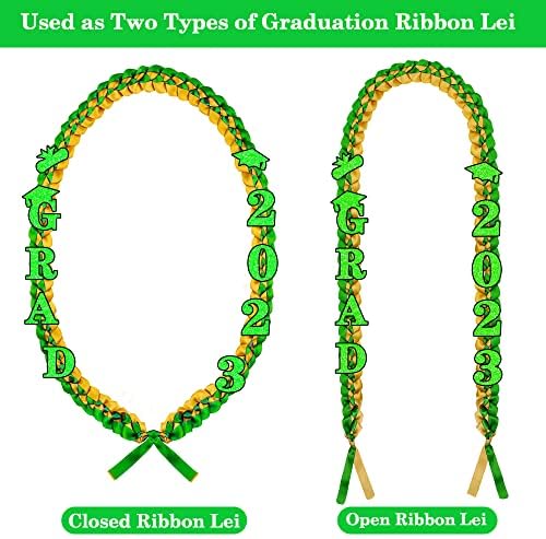 2023 Дипломирање лента Леи и честа кабел плетенка ѓердан - Зелено злато рачно изработено долго одделение сатен леи со сјај „2023 година