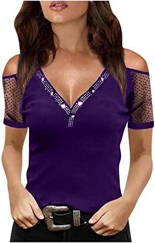 Женска кошула со краток ракав ладно рамо, памук, памук, обична мрежа од рамо со блуза маица за дами tg