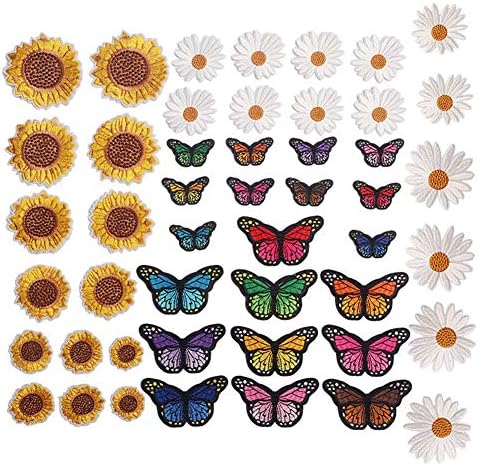 Везени цвеќиња Ironелезо на закрпи за облека, 48 парчиња се шијат на сончоглед маргаритка пеперутка за облека за облекување на растителни