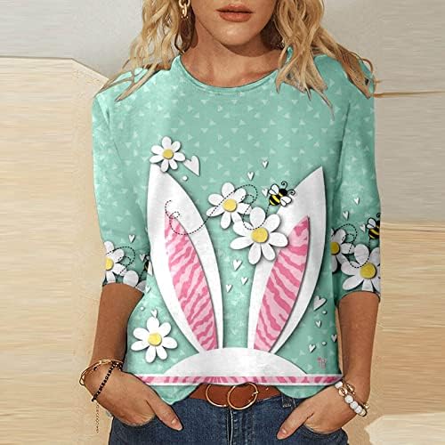 Womenенски Велигденски маички Топ 3/4 ракав екипаж маици од вратот на вратот лабави обични кошули за зајаци печатени блузи пуловер