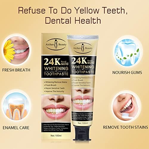 Aichun Beauty 24k чисто злато за заби за белење на заби Отстрани дамки Поправете ги чувствителните заби свеж здив 100мл/3.38oz