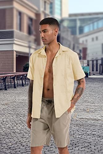 Nmglhnm Mens Casual памучен постелнина со кратки ракави со кратки ракави надолу во кубански кошули со летна плажа кошула