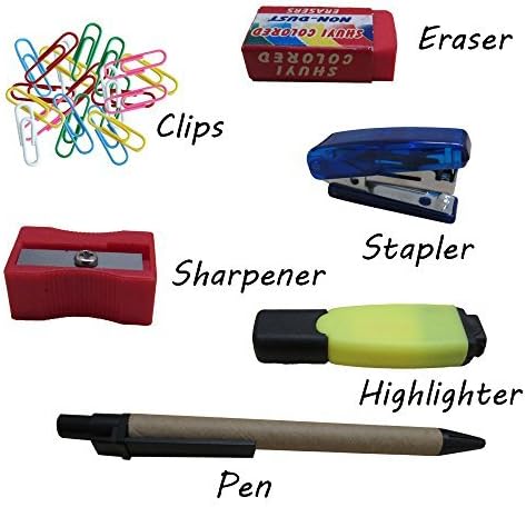 Комбо училишен материјал пакет пакет! Вклучува пенкало, белешки, знамиња, степлер, острилка, бришач, мини хајлајтер, клипови и