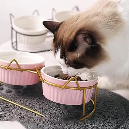 HQW керамички сад за мачки ， со метална сад за хранење мачка за заштита на вратот Керамички сад за мачки или кучиња