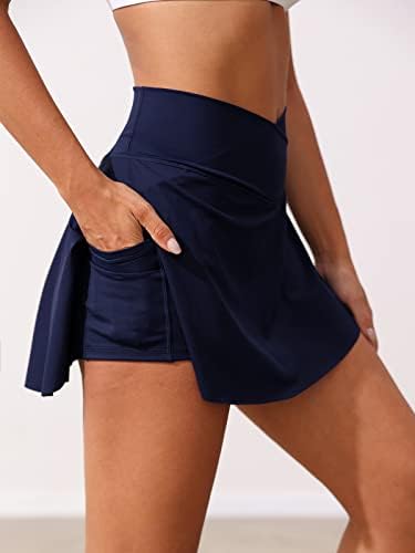 Women'sенски вкрстени половини тениски здолништа со високи тренинзи на половината што трчаат плетени здолништа со џебови од шорцеви