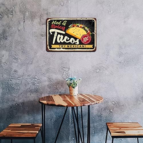Ресторански постер Мексикански Такос лимени знаци, топла и зачинета мексиканска кујна со вкусна тако на темна позадина гроздобер метален калај