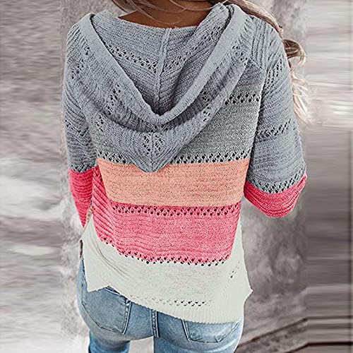 Женски џемпери поштеди во боја блок качулка со долги ракави кардиган џебови зима